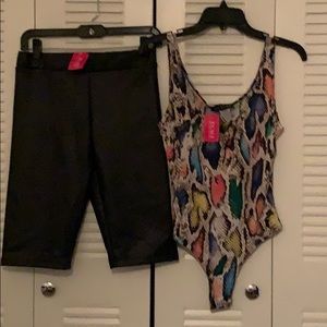 ‼️SOLD‼️ Bodysuit w/ faux leather biker shorts